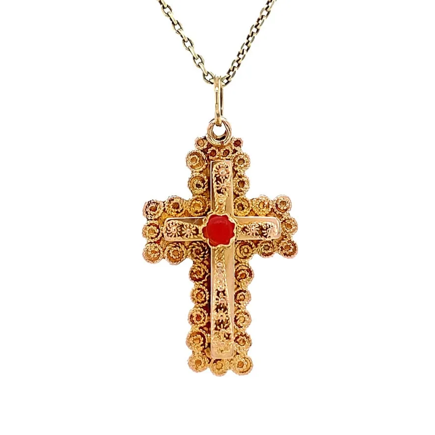 Vintage 14K Gold Cross Pendant with Red Coral