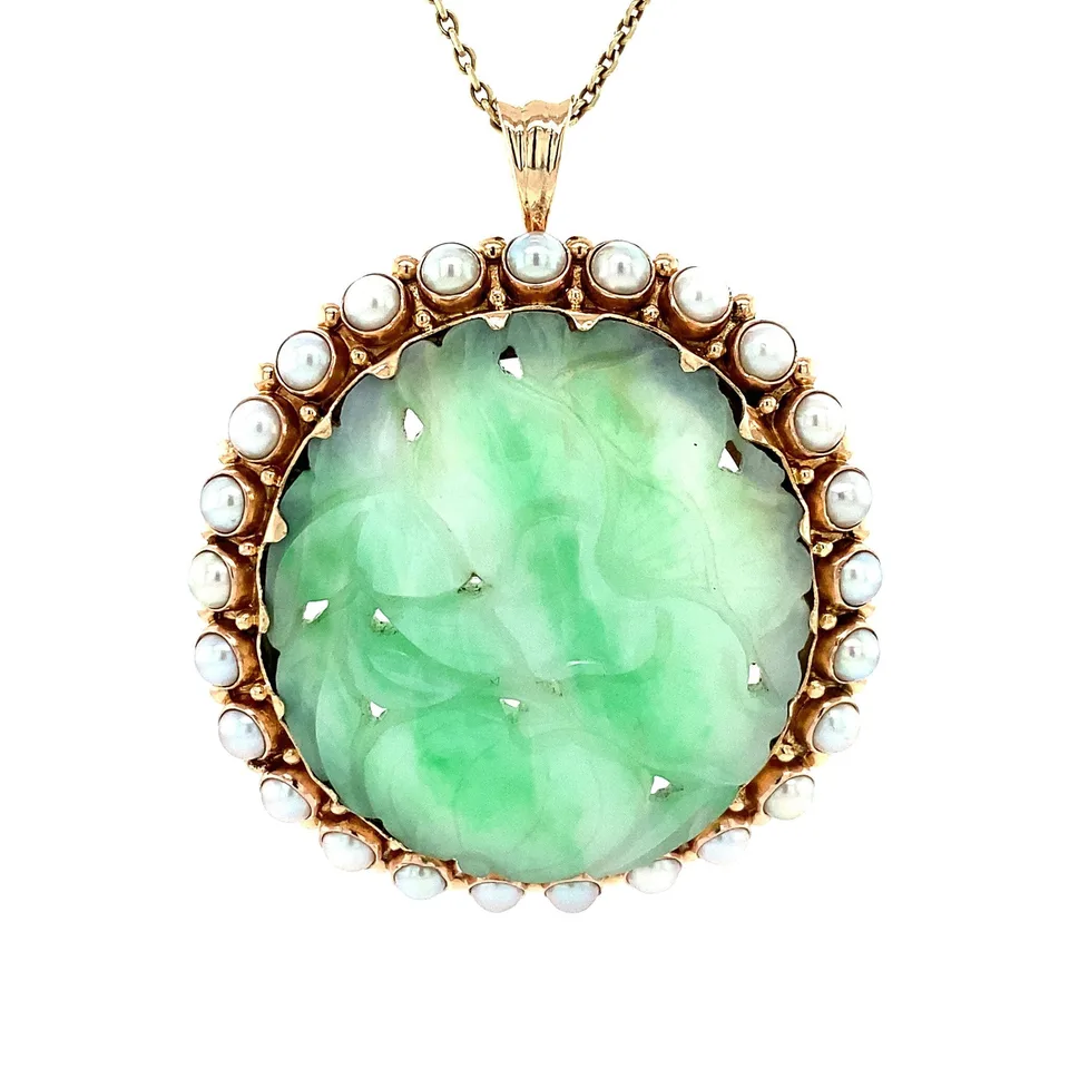 Vintage 14K Gold Pendant and Brooch with Jade and Pearl