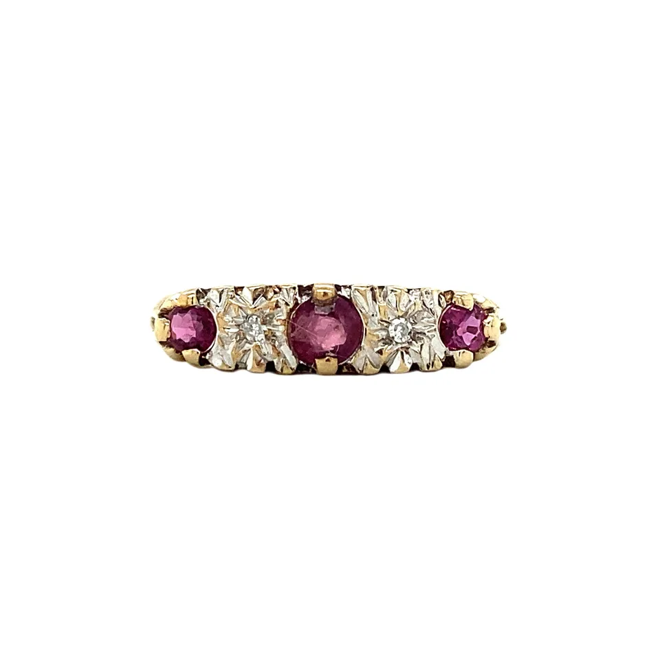 Vintage 9K Gold Half Eternity Ring with Ruby and Diamond