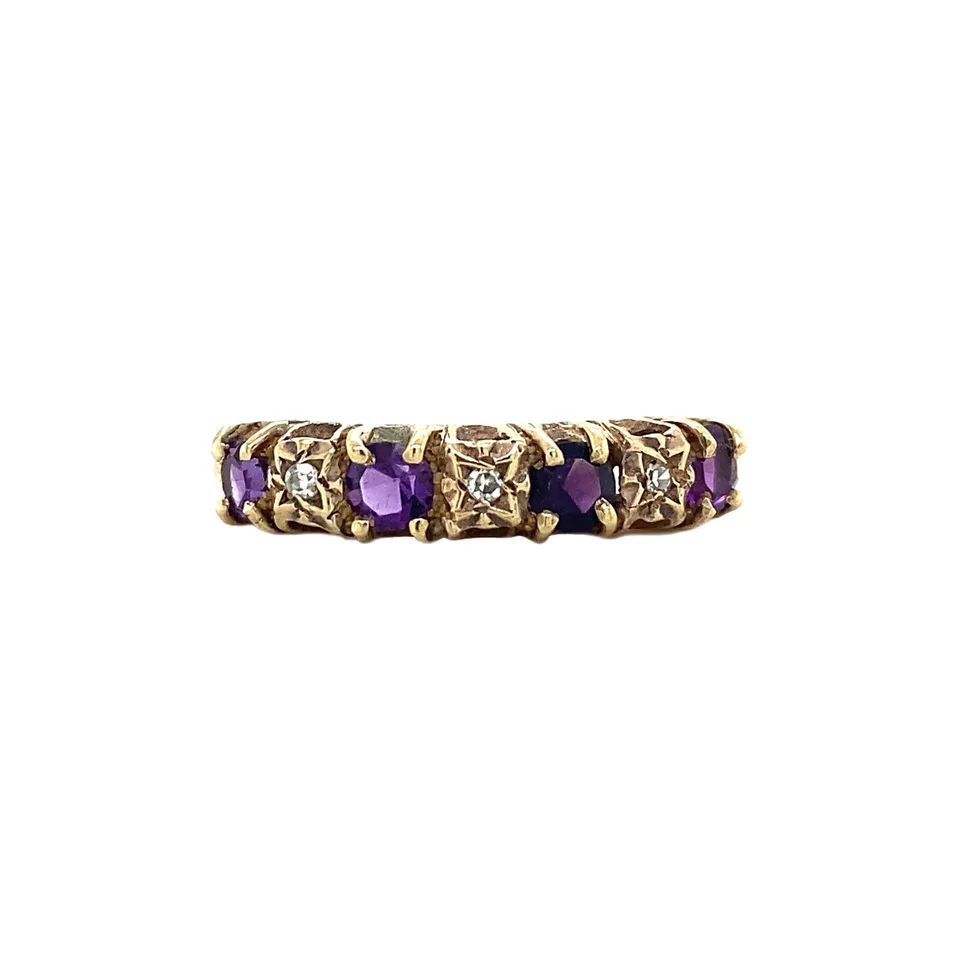 Vintage 9K Gold Half Eternity Ring with Amethyst and Diamond