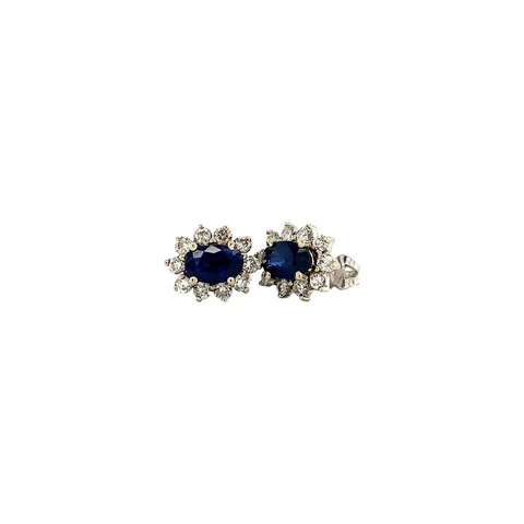 Vintage 18K White Gold Cluster Stud Earrings with Diamond and Sapphire