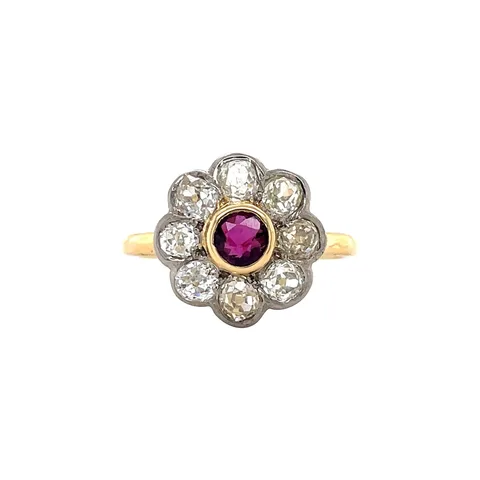 Vintage 18K Gold Cluster Ring with Ruby and Diamond