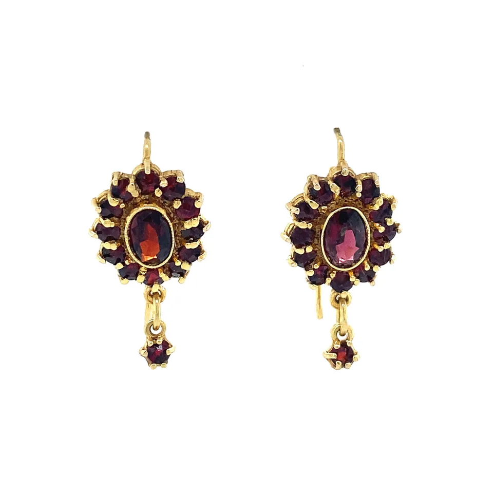 Vintage 14K Gold Cluster Drop Earrings with Garnet