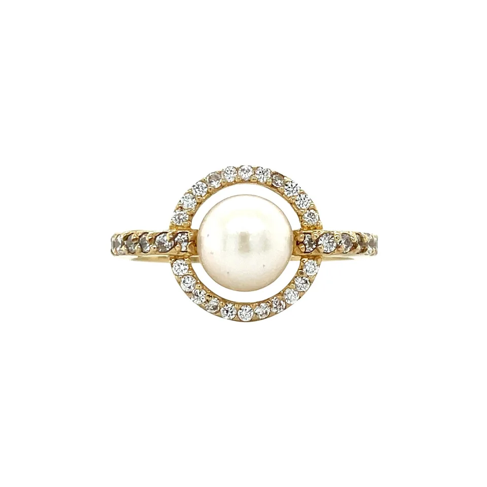 Vintage 14K Gold Cluster Ring with Pearl and Cubic Zirconia
