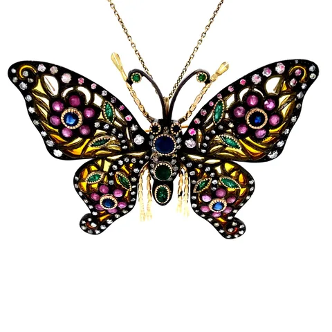 Vintage 14K Gold Butterfly Pendant with Sapphire, Emerald, Ruby, Enamel and Diamond