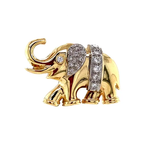 Vintage 14K Gold Elephant Brooch with Diamond