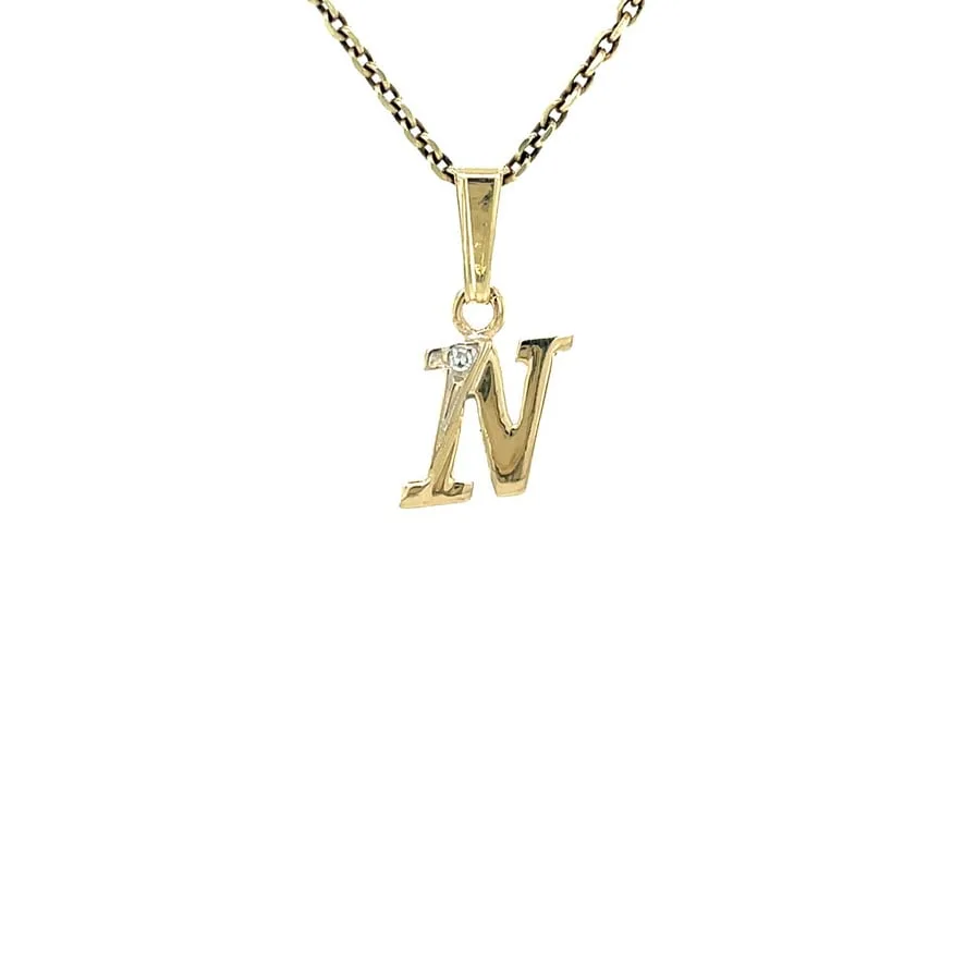Vintage 14K Gold Letter 'N' Pendant with Diamond
