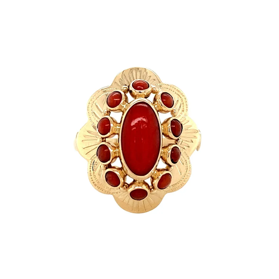 Vintage 14K Gold Cluster Ring with Red Coral