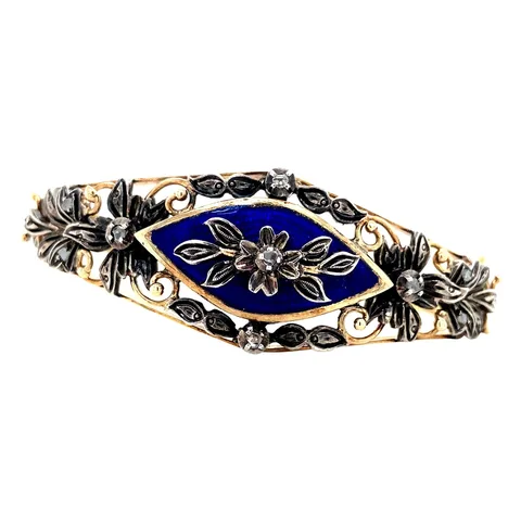 Vintage 14K Gold Bangle with Rose Cut Diamond and Enamel