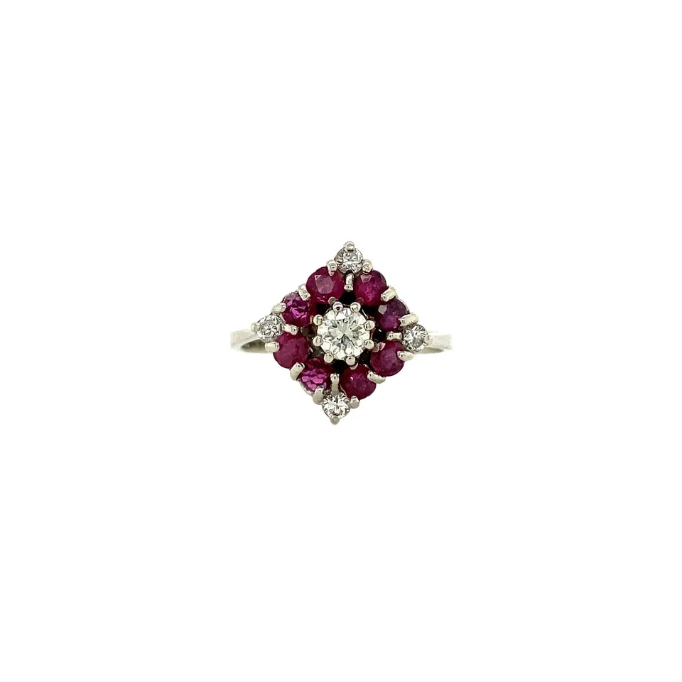 Vintage 14K White Gold Cluster Ring with Ruby and Diamond