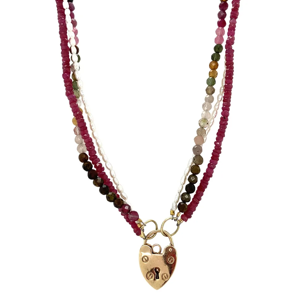 Vintage Ruby, Tourmaline and Pearl 9K Gold Necklace with Heart Clasp 41 cm