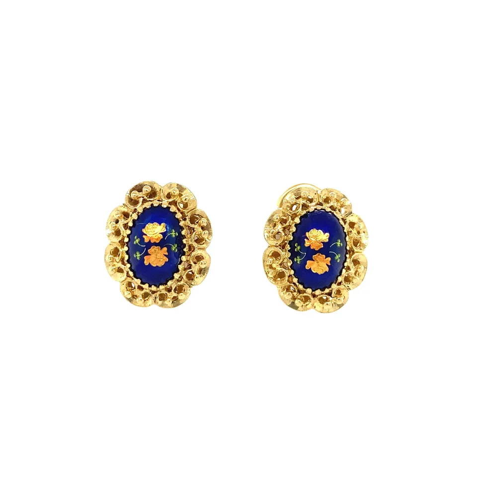 Vintage 18K Gold Clip Earrings with Enamel