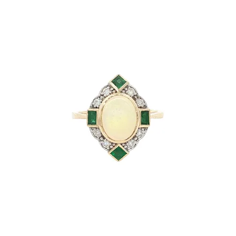 Vintage 14K Gold Ring with Opal, Emerald and Diamond