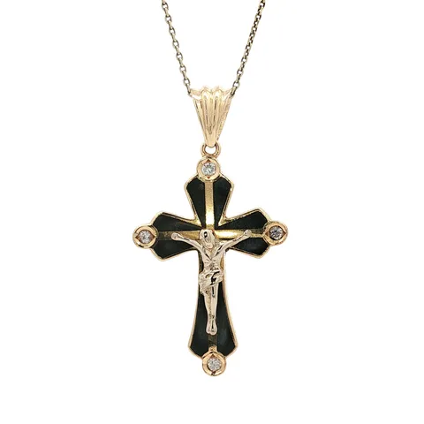 Vintage 18K Gold Cross Pendant with Enamel and Cubic Zirconia