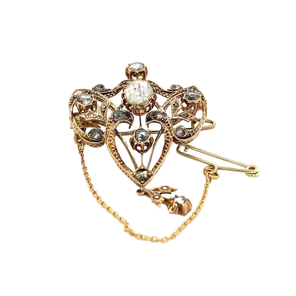 Vintage 14K Gold Brooch with Rose Cut Diamond