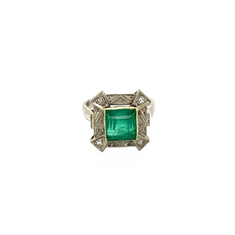 Vintage 14K White Gold Art Deco Ring with Emerald and Diamond