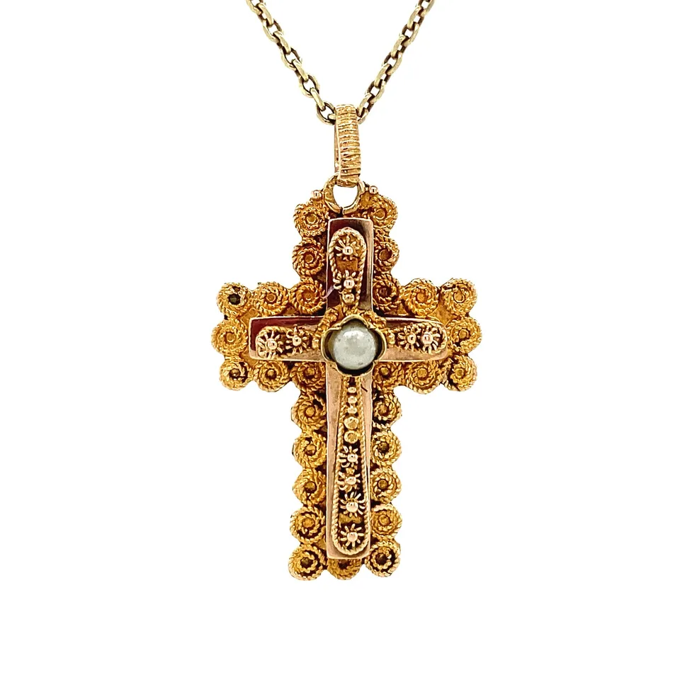 Vintage 14K Gold Pendant Cross with Pearl