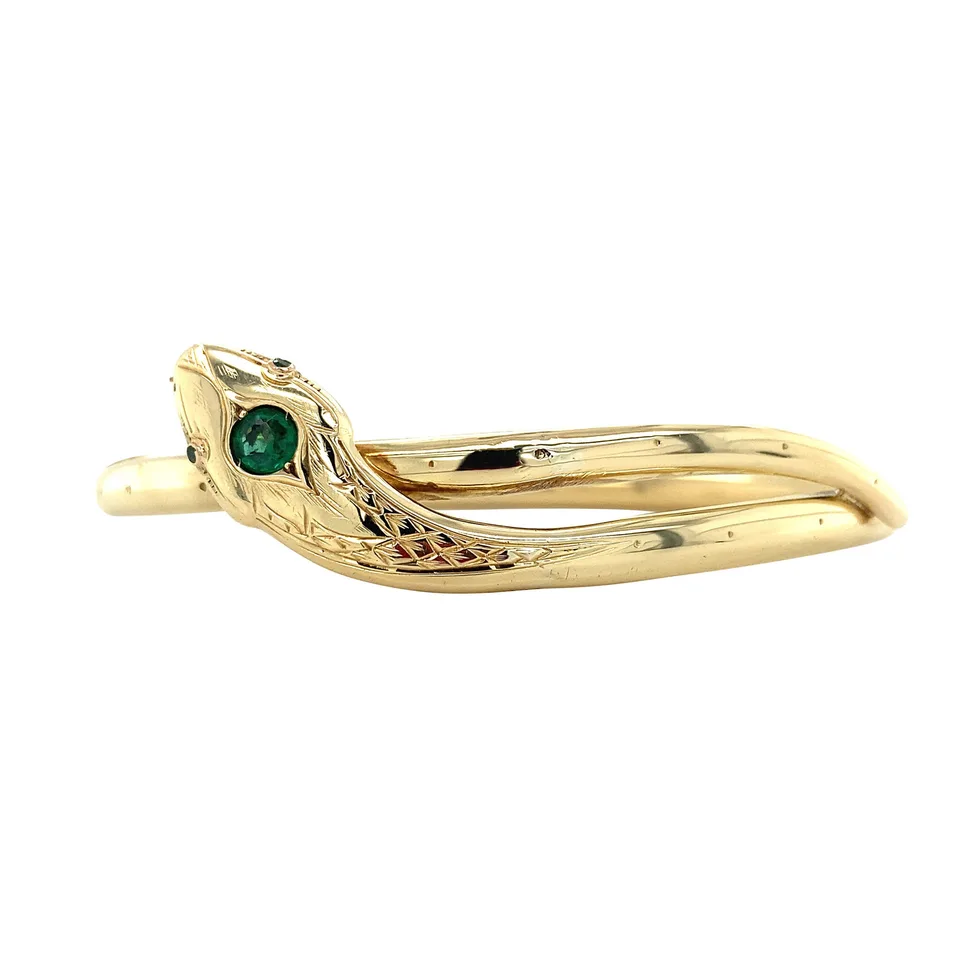 Vintage 14K Gold Snakes Bangle with Groen Glass