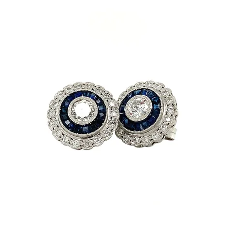 Vintage Platinum Stud Earrings with Sapphire and Diamond