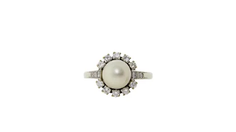Vintage 14K White Gold Ring with Pearl and Diamond