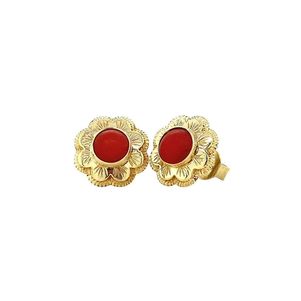 Vintage 14K Gold Stud Earrings with Red Coral
