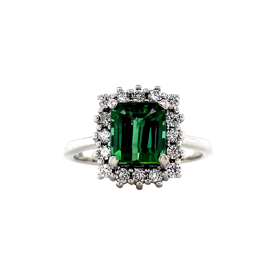 Vintage 14K White Gold Cluster Ring with Tourmaline and Diamond