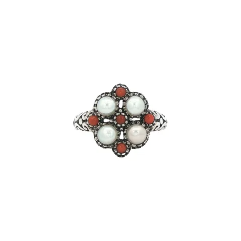 Vintage Sterling Silver Ring with Pearl and Red Coral