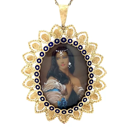 Vintage 14K Gold Pendant with Cubic Zirconia and Miniature Painting