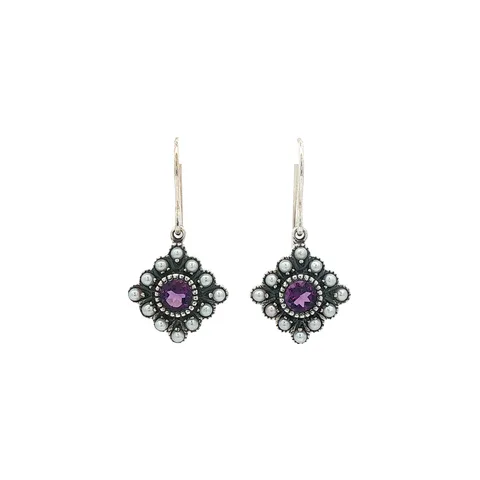 Vintage Sterling Silver Drop Earrings with Amethyst and Pearl