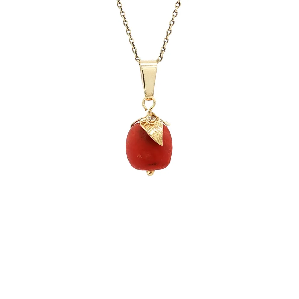 Vintage 14K Gold Pendant with Red Coral and Cubic Zirconia