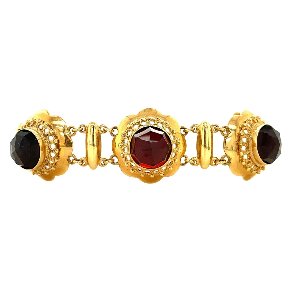Vintage 14K Gold Boat Link Bracelet with Garnet
