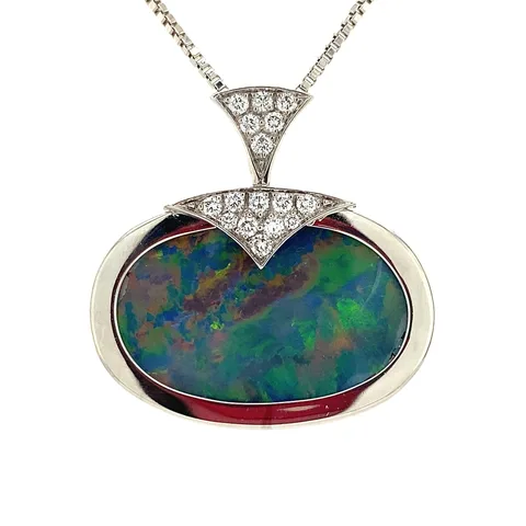 Vintage 18K White Gold Pendant with Opal Doublet and Diamond