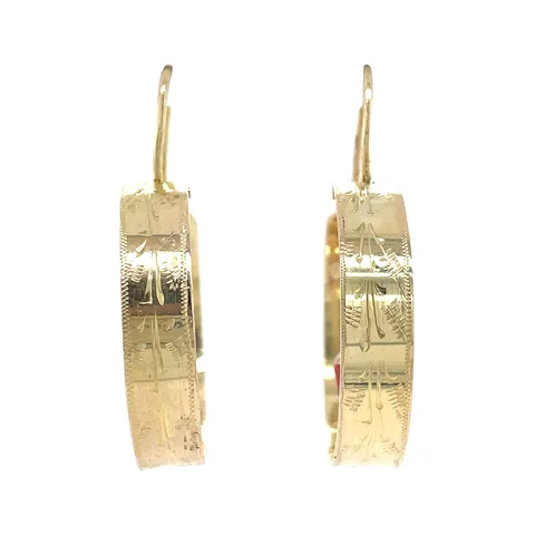 Vintage 14K Gold Hoop Earrings with Red Coral and Engraving