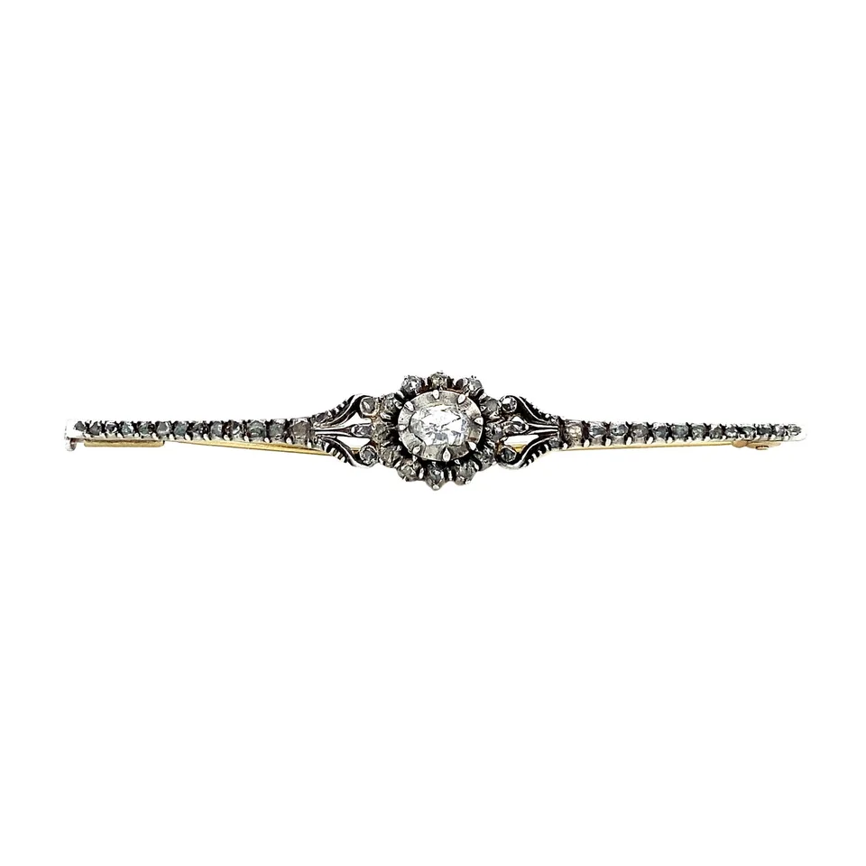 Vintage 14K Gold Brooch with Rose Cut Diamond in Silver
