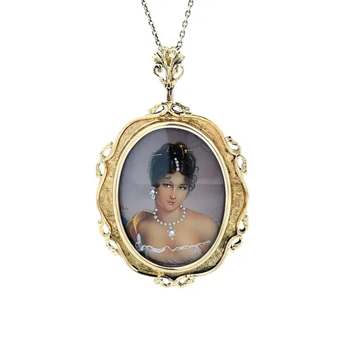 Vintage 14K Gold Pendant with Miniature Painting and Cubic Zirconia