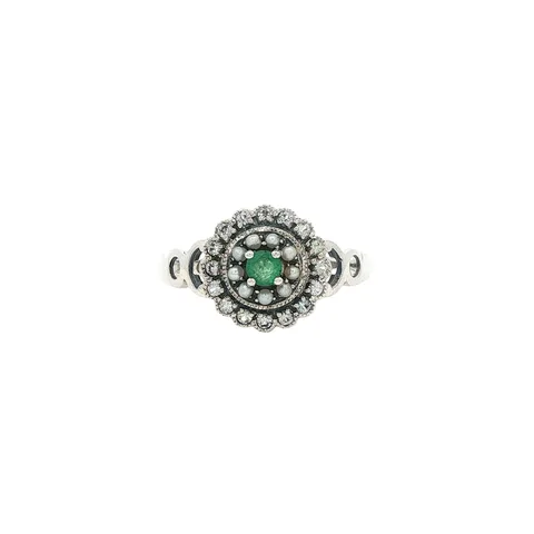 Vintage Sterling Silver Ring with Emerald, Sapphire and Pearl