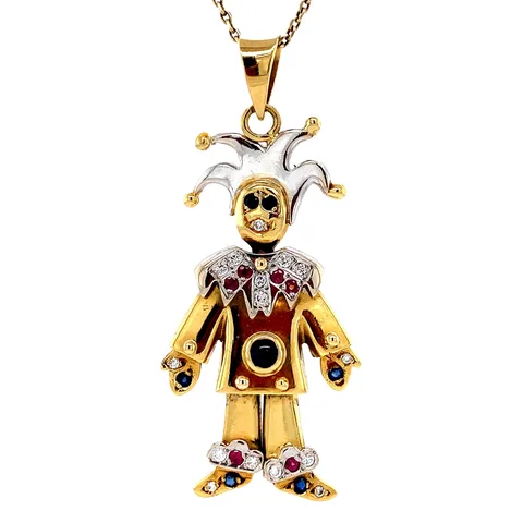 Vintage 18K Gold Joker Pendant with Ruby, Sapphire and Diamond