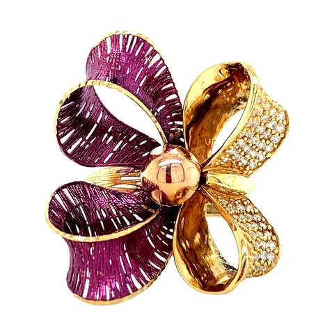 Vintage 18K Gold Bow Ring with Enamel and Cubic Zirconia