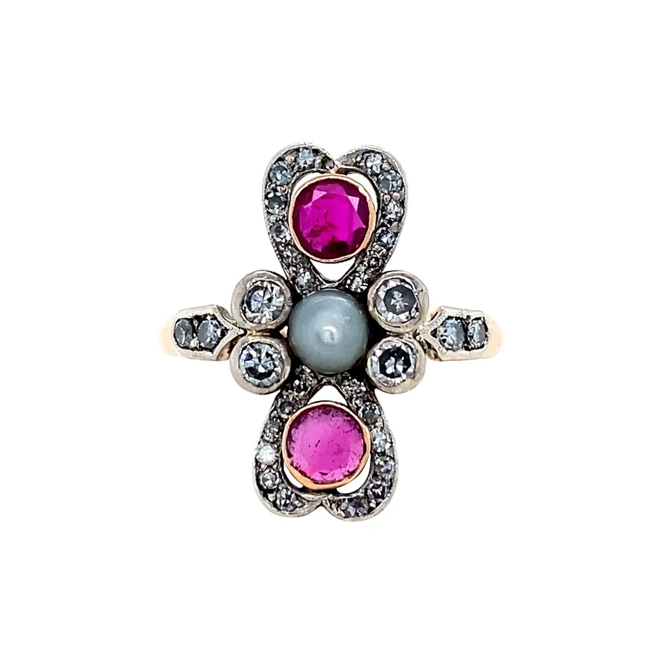 Vintage 14K Rose Gold Princess Ring with Ruby, Diamond and Pearl