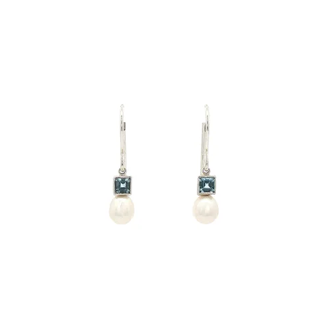 Vintage Sterling Silver Drop Earrings with Blue Topaz and Pearl