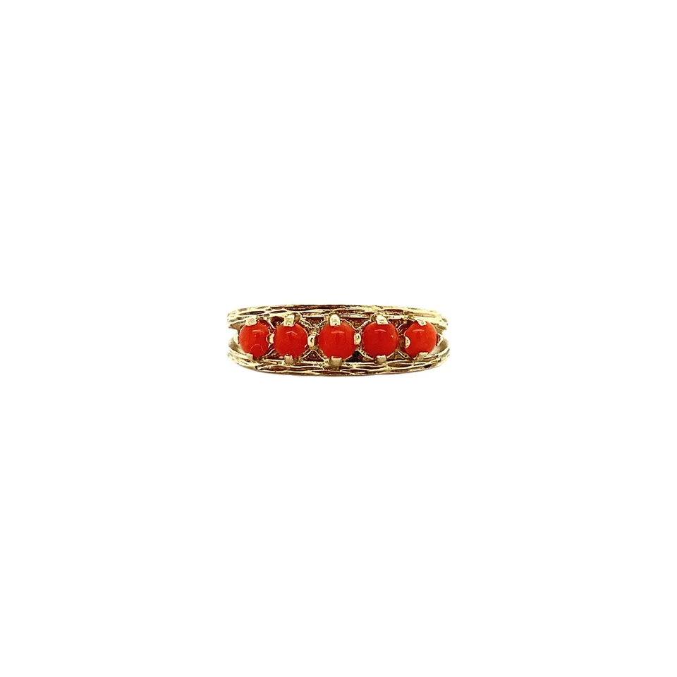 Vintage 9K Gold Half Eternity Ring with Red Coral