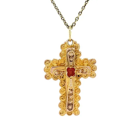 Vintage 14K Gold Cross Pendant with Colored Stone