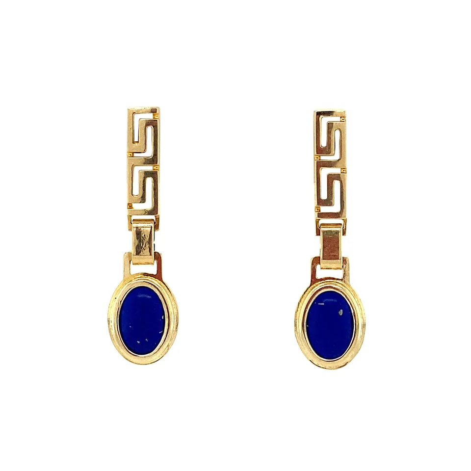 Vintage 14K Gold Meander Drop Earrings with Lapis Lazuli