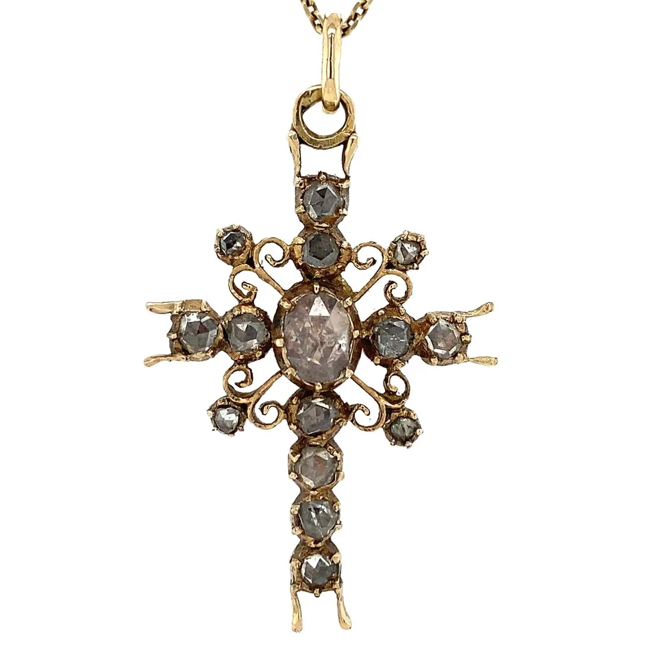 Vintage 14K Gold Pendant Cross with Rose Cut Diamond