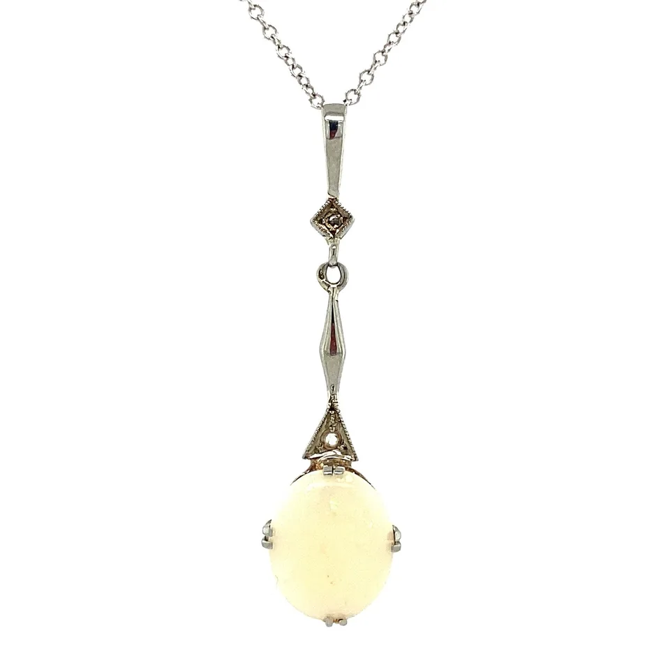 Vintage 14K White Gold Pendant with Opal and Rose Cut Diamond
