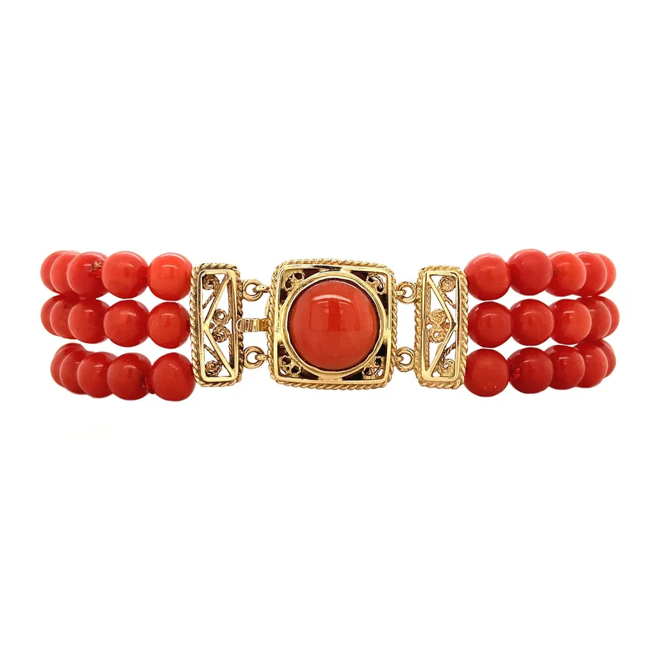 Vintage Red Coral Bracelet with 14K Gold Decorative Clasp 18.5 cm