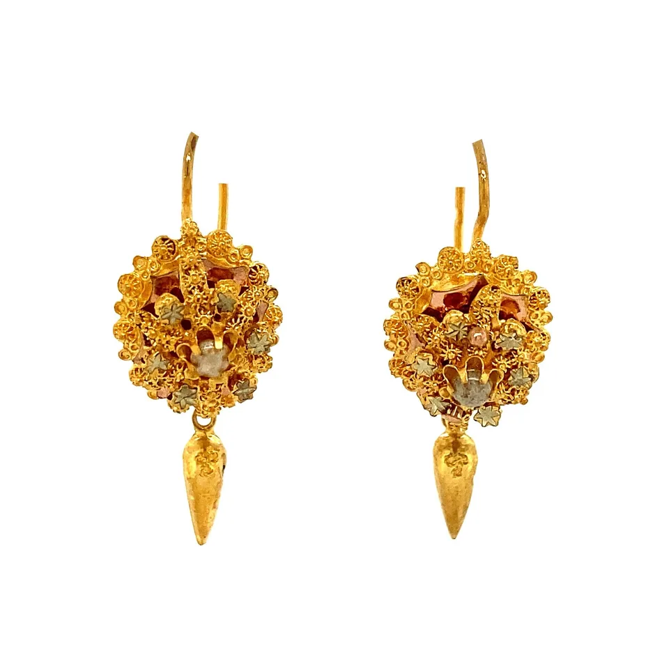 Vintage 14K Gold Drop Earrings Filigree with Pearl