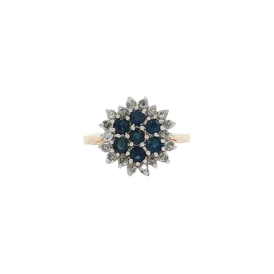 Vintage 14K Gold Cluster Ring with Sapphire and Diamond