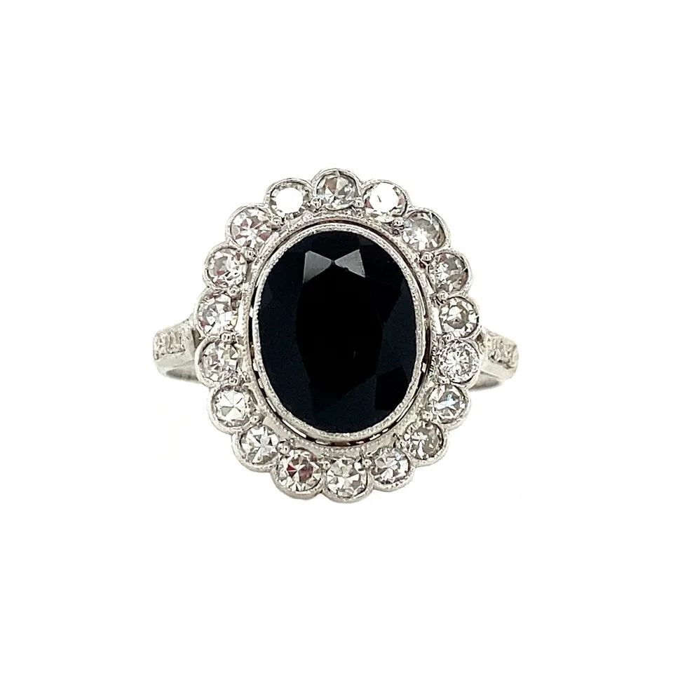 Vintage 14K White Gold Cluster Ring with Onyx and Diamond