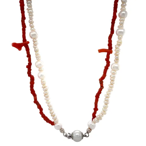 Vintage Red Coral and Pearl Necklace with Sterling Silver Clasp